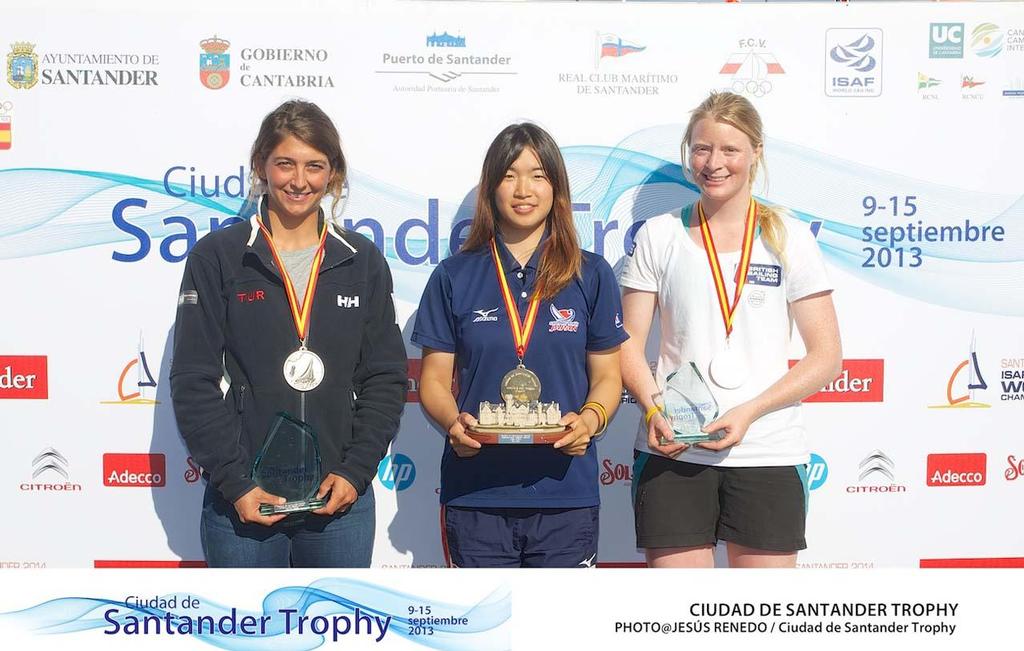 CIUDAD DE SANTANDER Trophy, Isaf sailing World Championships test event. Prize giving - Laser Radial GBR-201124 Chloe Martin; JPN-199066 Manami Doi; TUR-201111 Cagla Donertas © Jesus Renedo/ Santander City Trophy http://www.santander2014.com/
